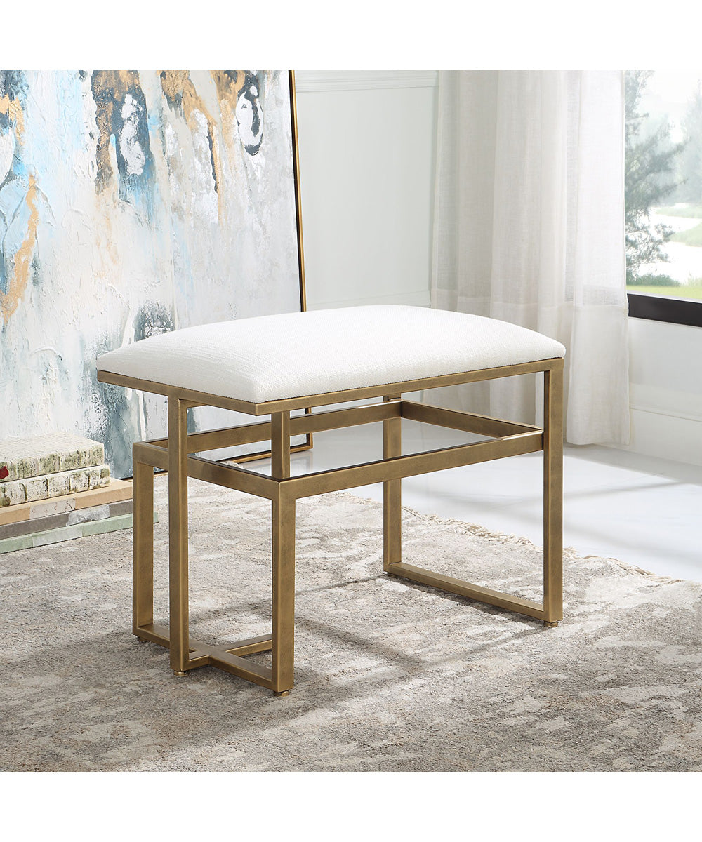Modern Iron Bench in Antique Brushed Brass with Cushion
