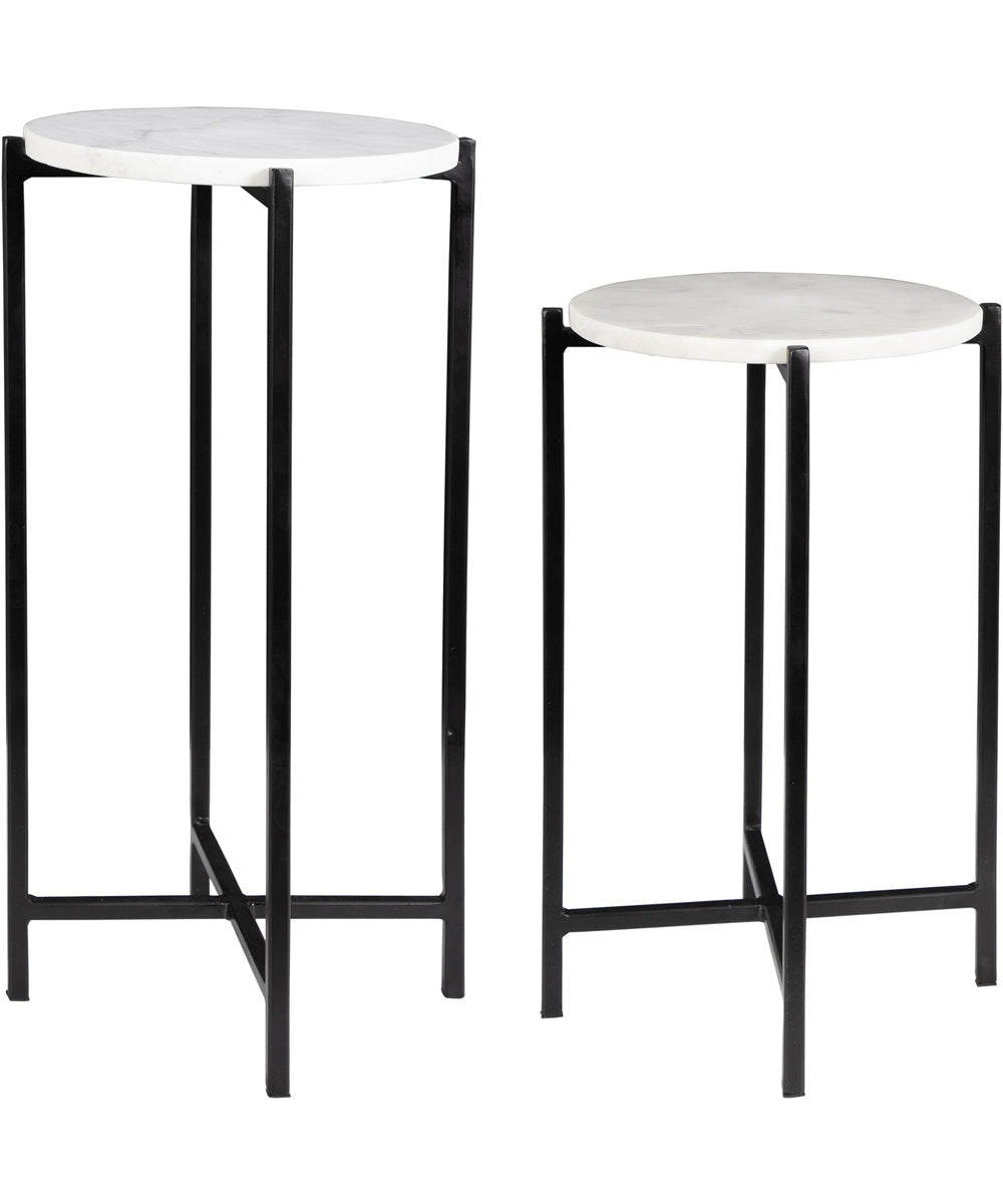 Set of 2 Tables with White Marble and Iron Black