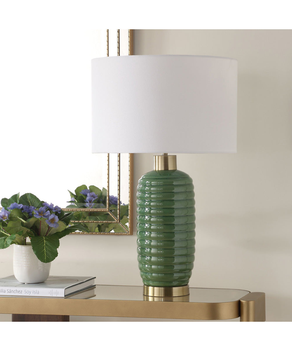 Table Lamp Ceramic in Olive Green with Antique Brass Accents