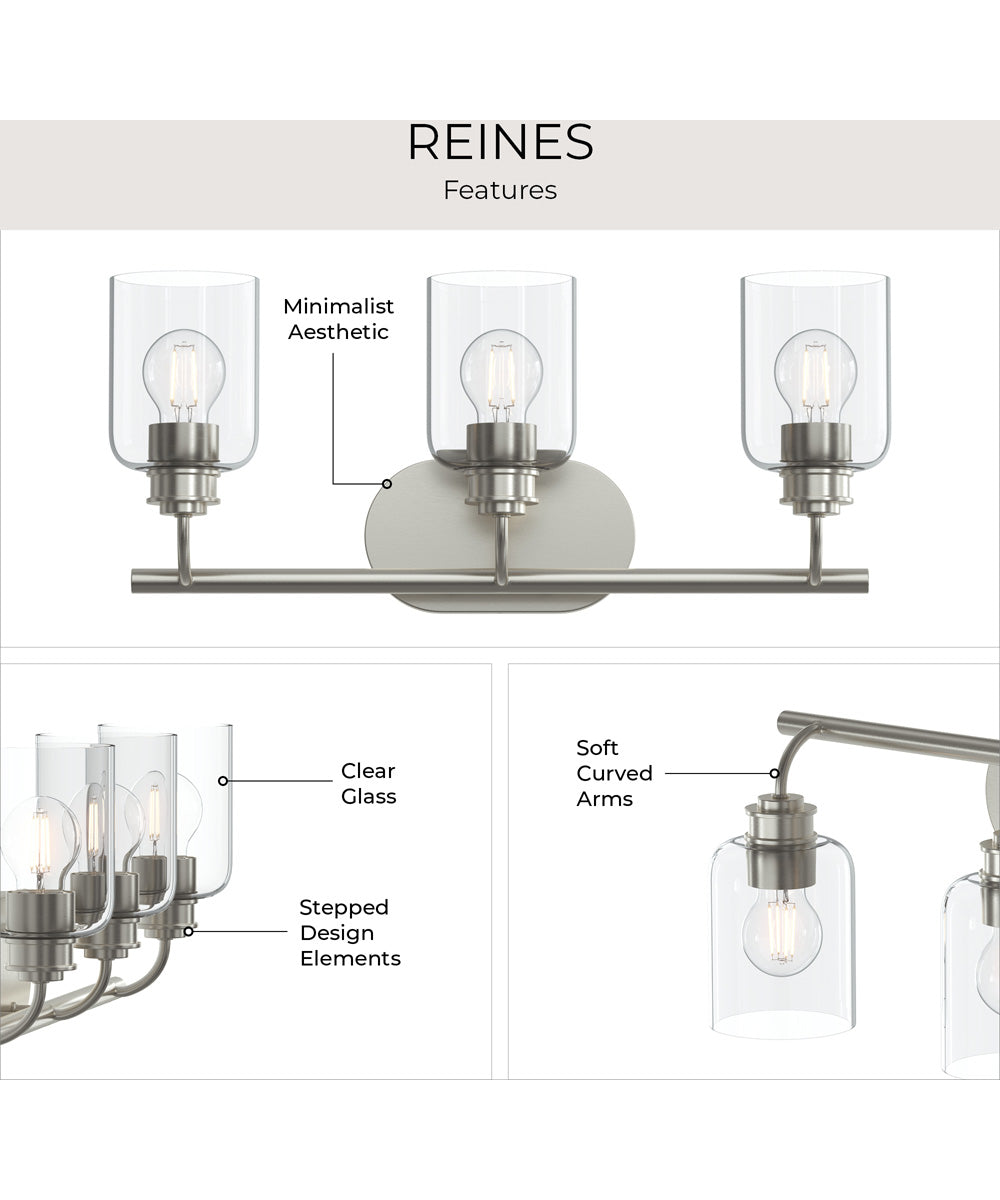 Reines 3-Light Bath Vanity with Clear Glass Shades Brushed Nickel