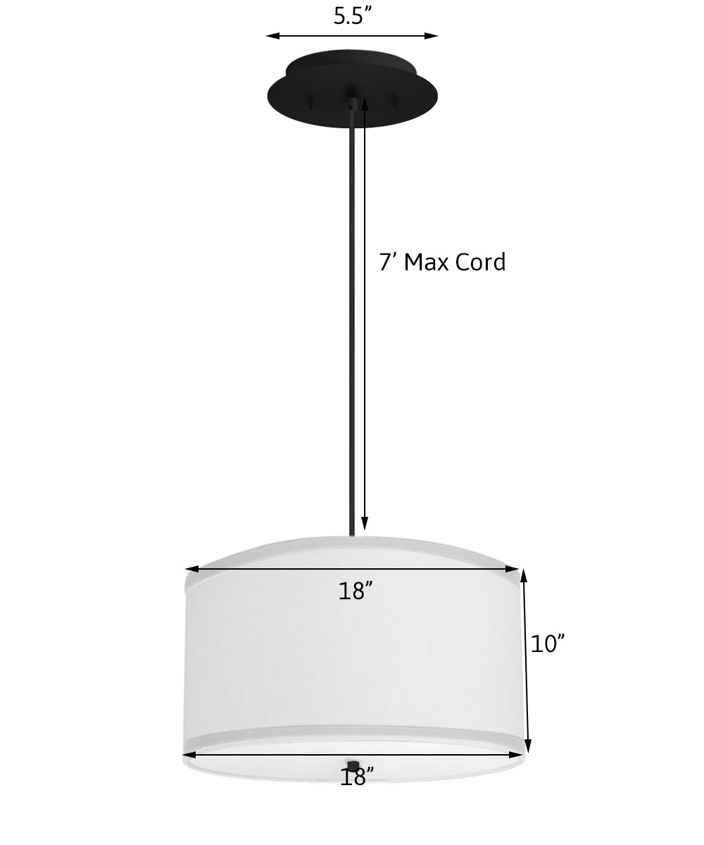 2 Light Pendant 18"w White Linen Shade with Diffuser, Black Cord