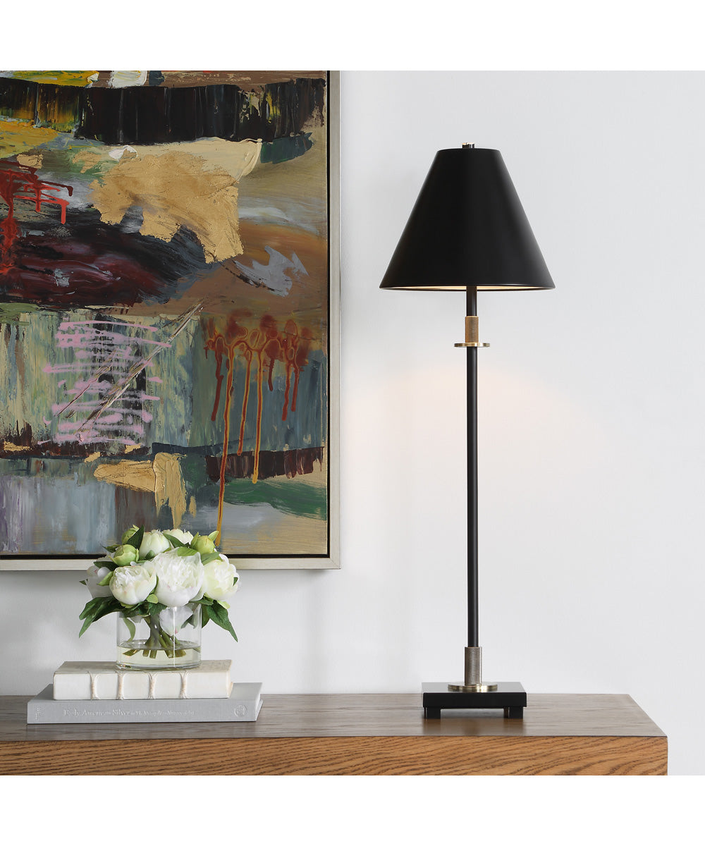 1-Light Buffet Lamp with Diamond Knurl Detail in Black and Antique Brass