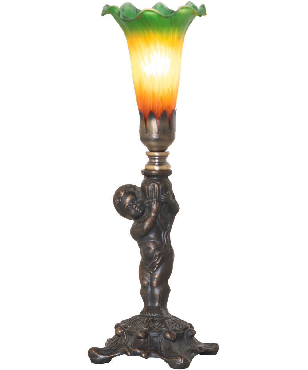 12" High Amber/Green Tiffany Pond Lily Cherub Mini Lamp