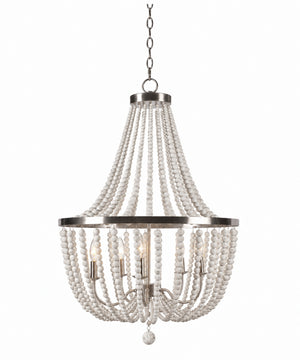 Dumas 22"W 5-Light Brushed Steel Finish Weathered White Wood Bead Chandelier by KenroyHome