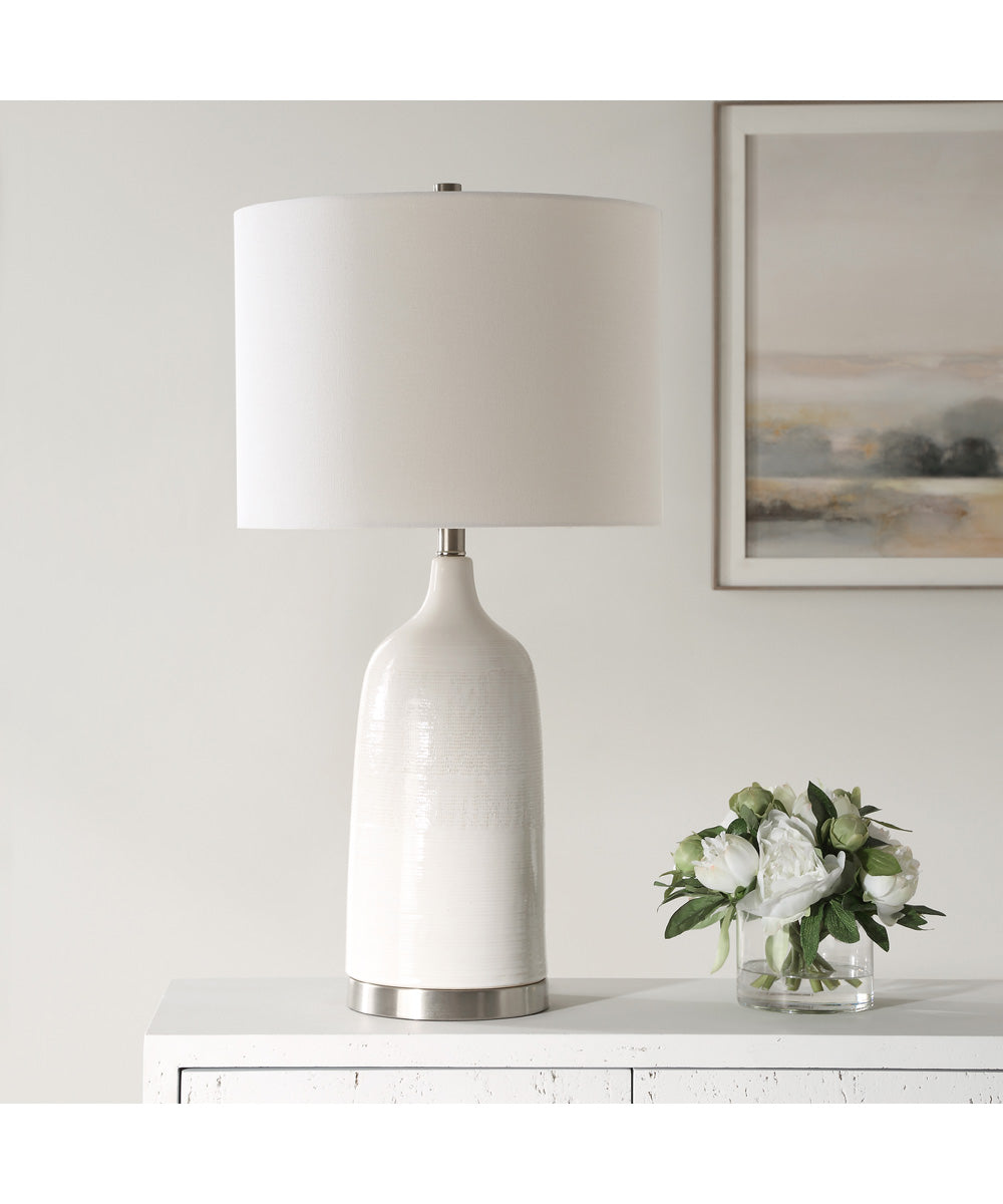 Ceramic Table Lamp in Distressed White Glaze and White Fabric