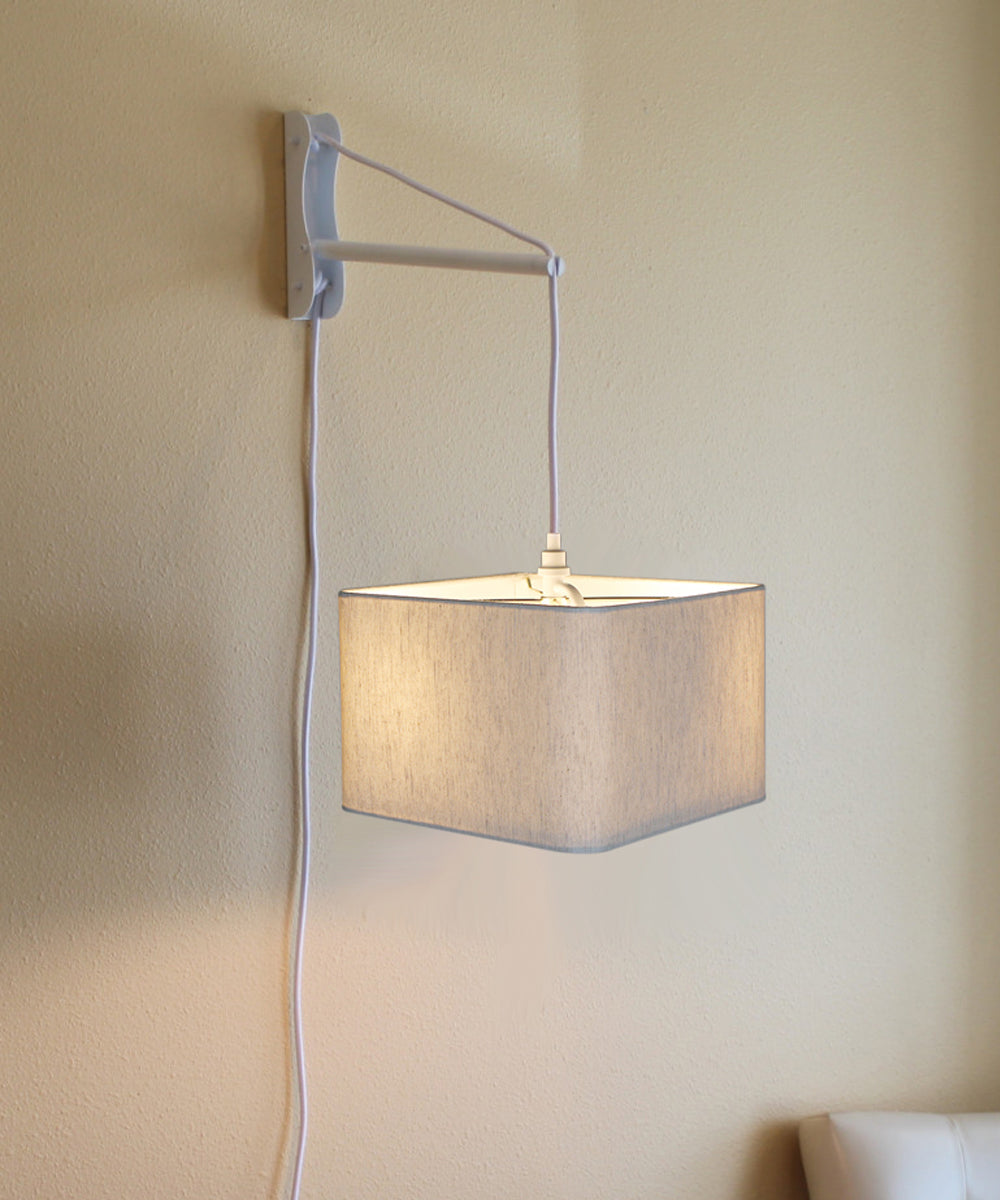 MAST Plug-In Wall Mount Pendant, 2 Light White Cord/Arm with Diffuser, Rounded Corner Square Oatmeal Drum Shade 12"W