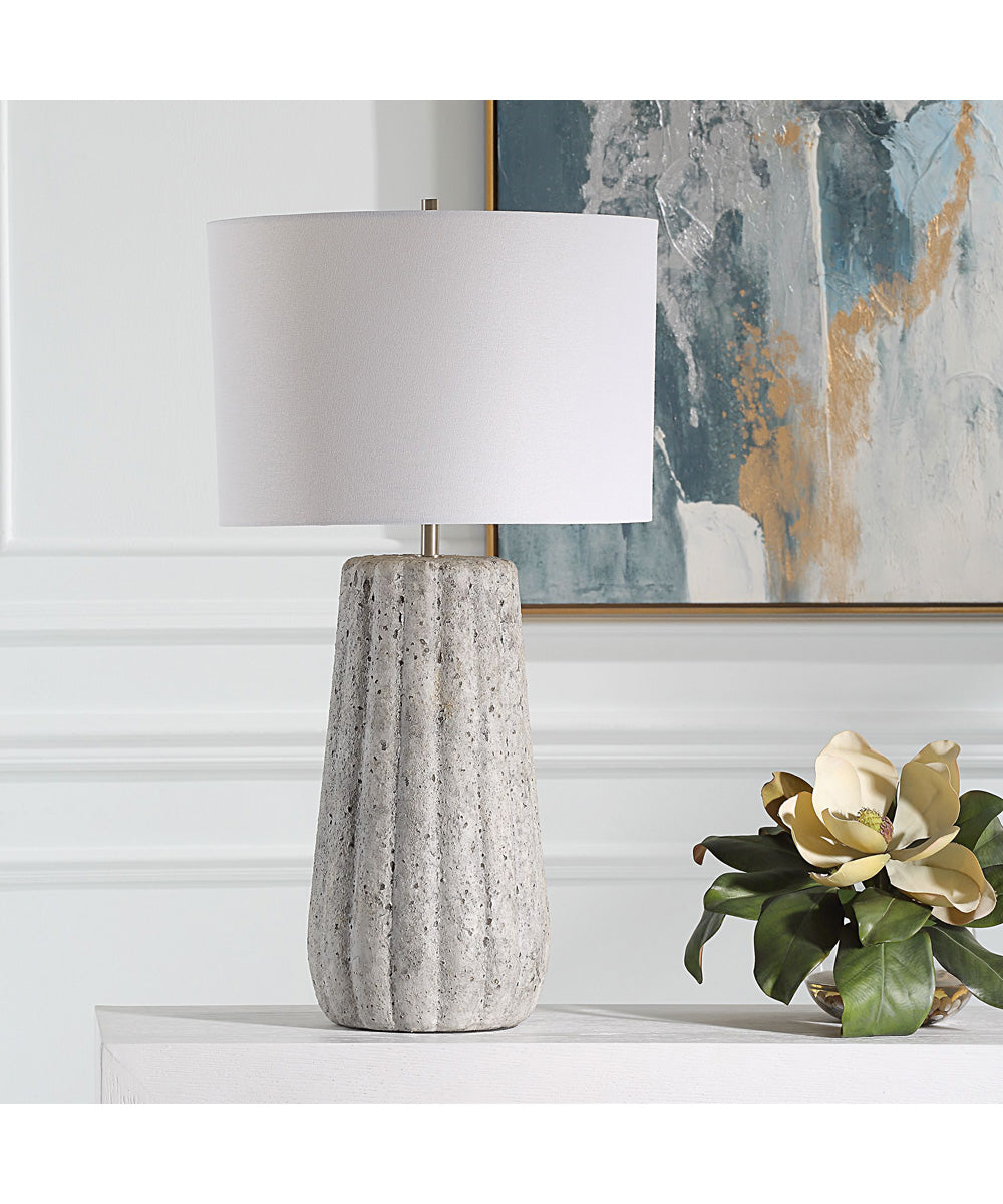 Ceramic Table Lamp in Weathered Stone and White Linen