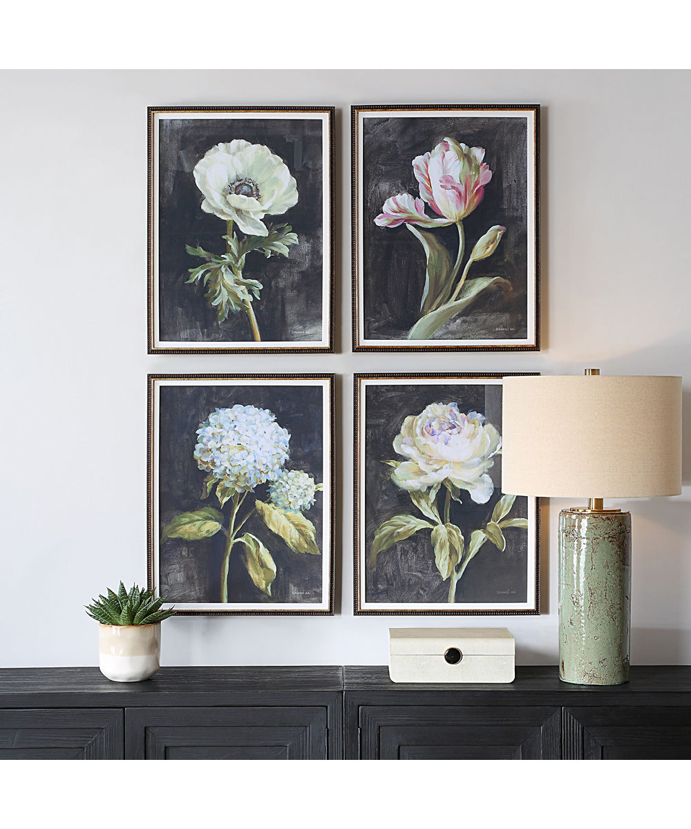 Florals On Black Framed Prints, Set of 4
