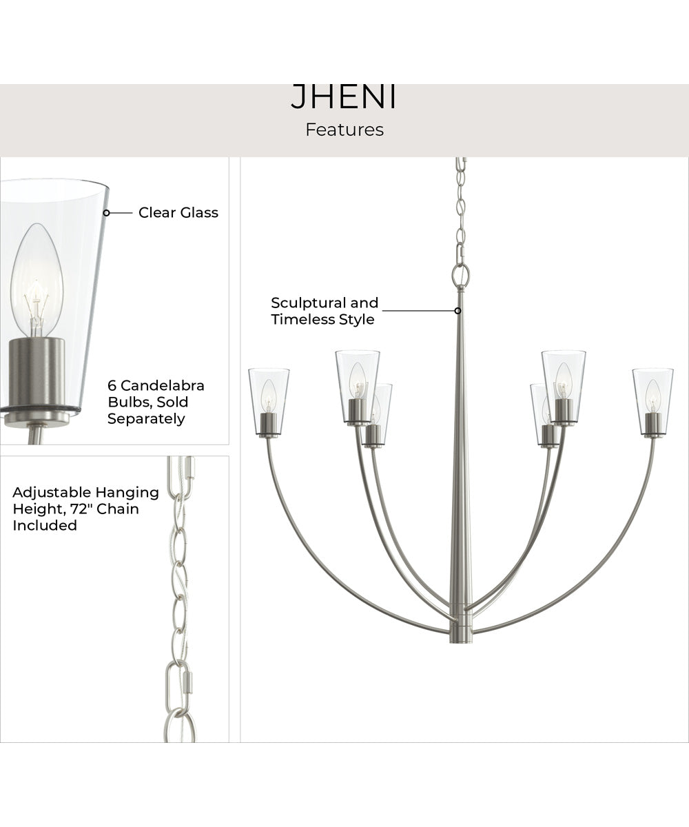 Jheni 6-Light Large Chandelier with Clear Glass Shades Brushed Nickel