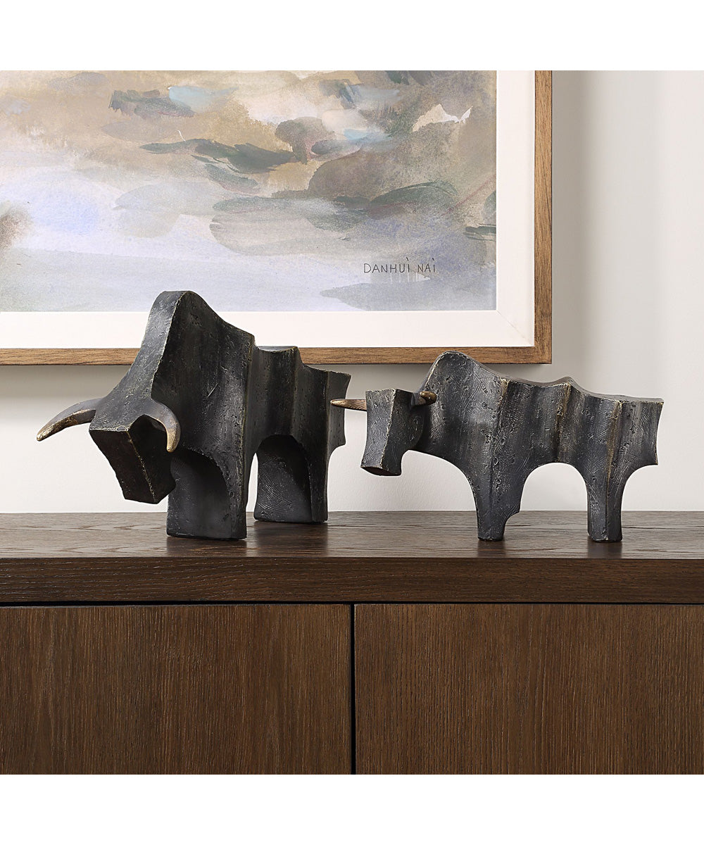 Regal Bull Bronze Sculptures Set of 2