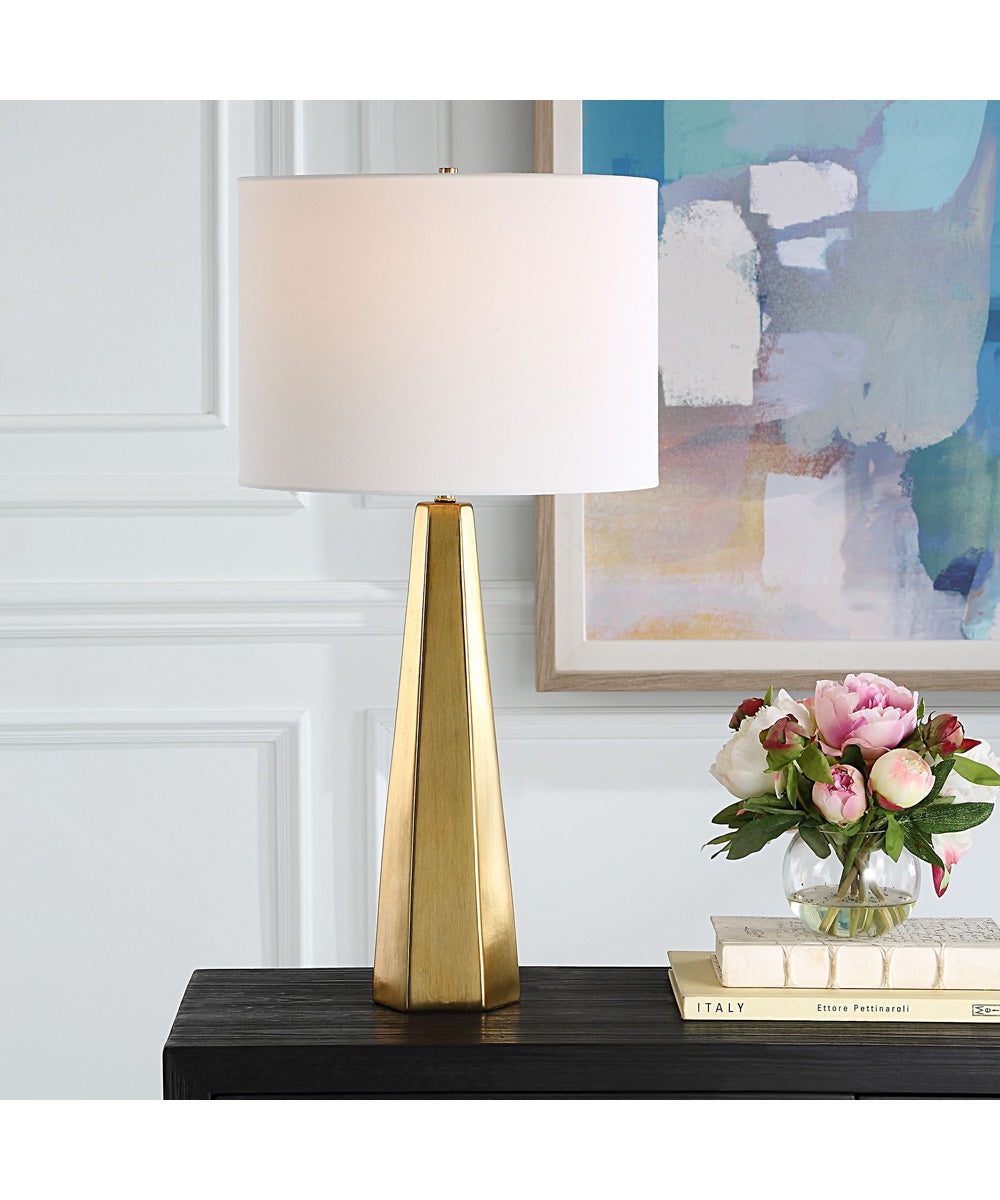 Hexagon Ceramic Gold Table Lamp with White Linen