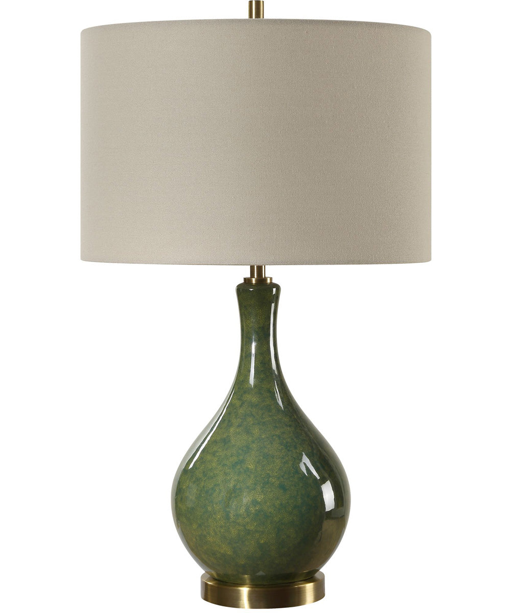 Ceramic Table Lamp with Emerald Green Glaze and Beige Linen