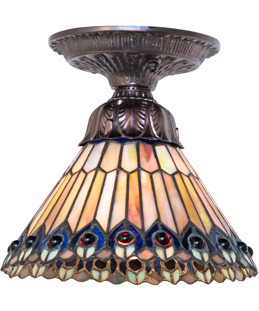 8" Wide Tiffany Jeweled Peacock Flushmount