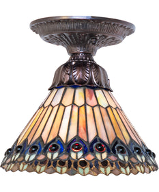 8" Wide Tiffany Jeweled Peacock Flushmount