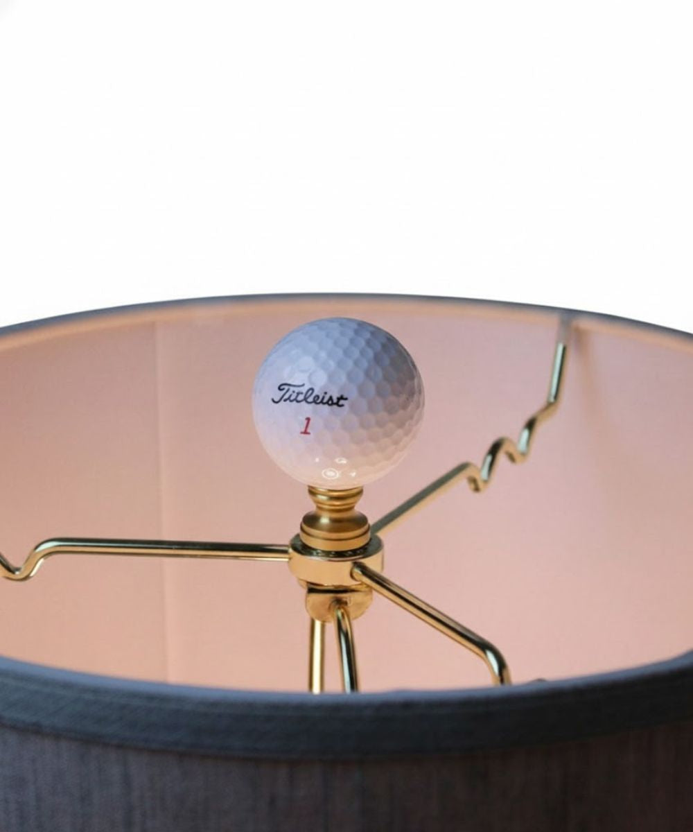 Golf Ball Lamp Finial, White, Polished Brass Base 2.25"h