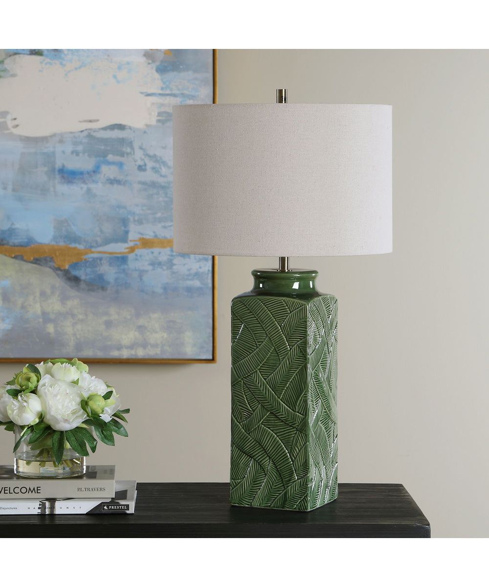 1-Light Table Lamp with Raised Leaf Ceramic in Glossy Green