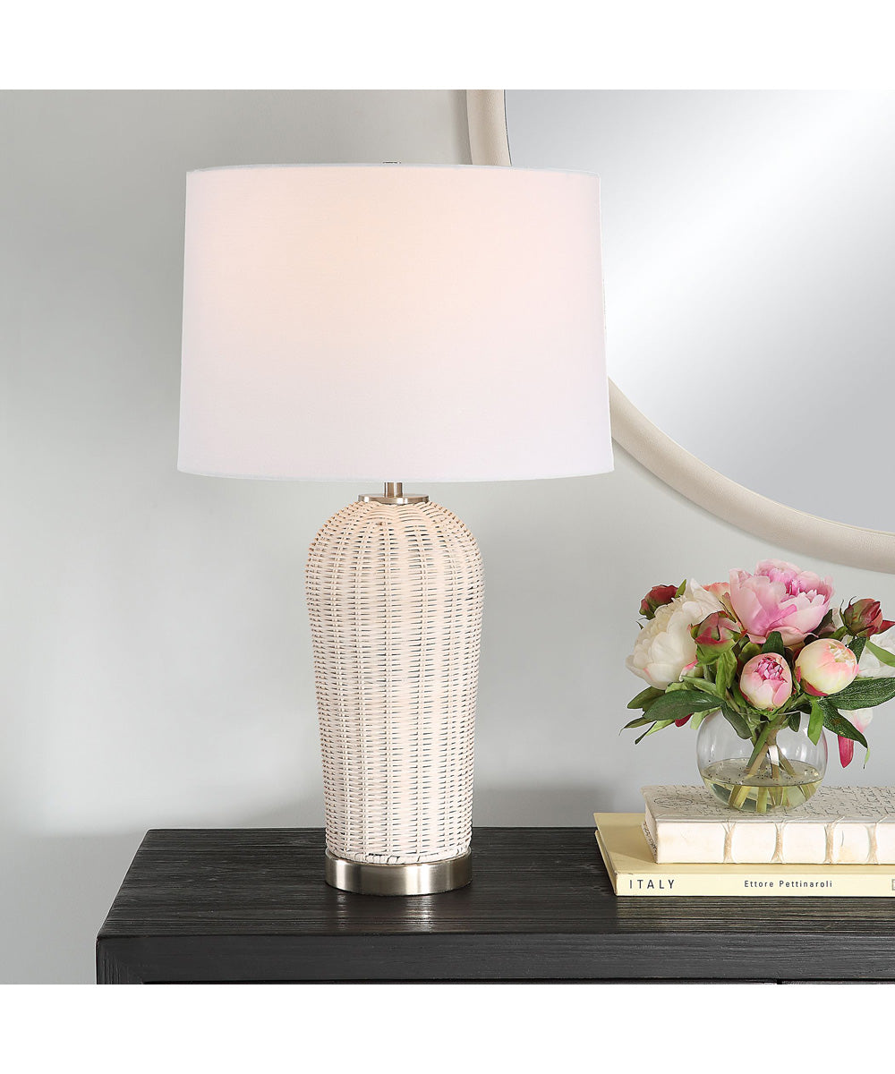 Coastal Woven Rattan Table Lamp with White Linen