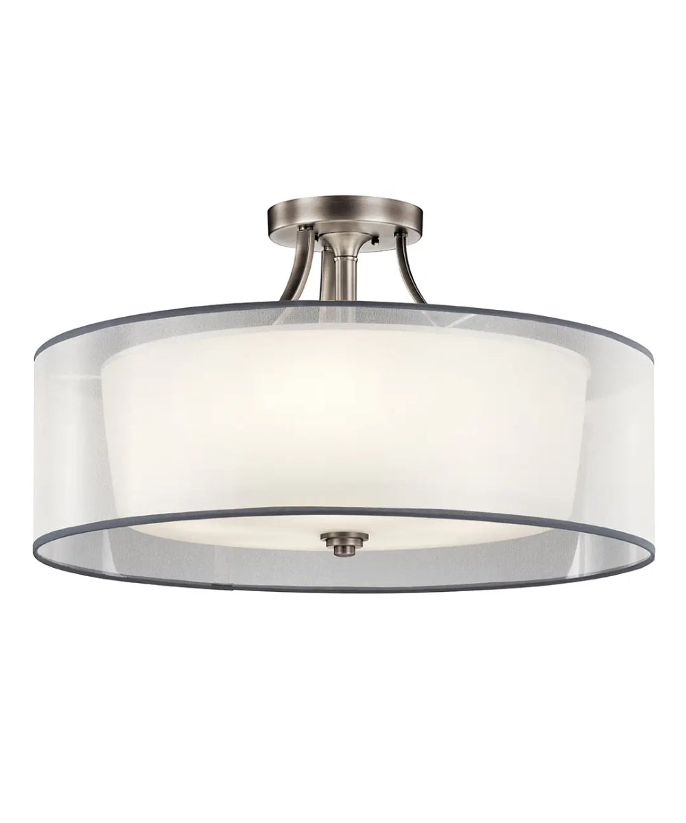 28"w Lacey 5-Light Semi Flush Ceiling Light Antique Pewter with White Organza and Satin-Etched Glass Shade
