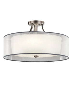 28"w Lacey 5-Light Semi Flush Ceiling Light Antique Pewter with White Organza and Satin-Etched Glass Shade