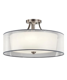 28"w Lacey 5-Light Semi Flush Ceiling Light Antique Pewter with White Organza and Satin-Etched Glass Shade