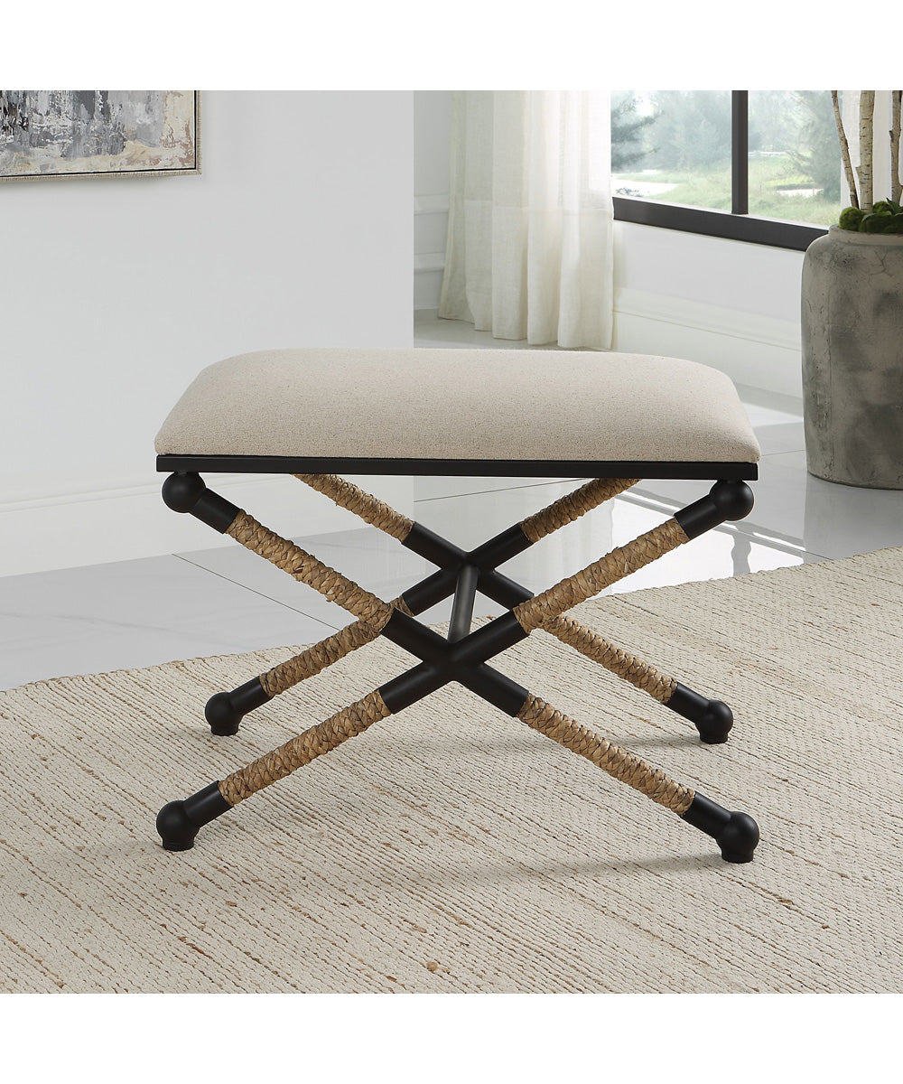 Casual Bench with Iron Frame in Satin Black and Braided Straw