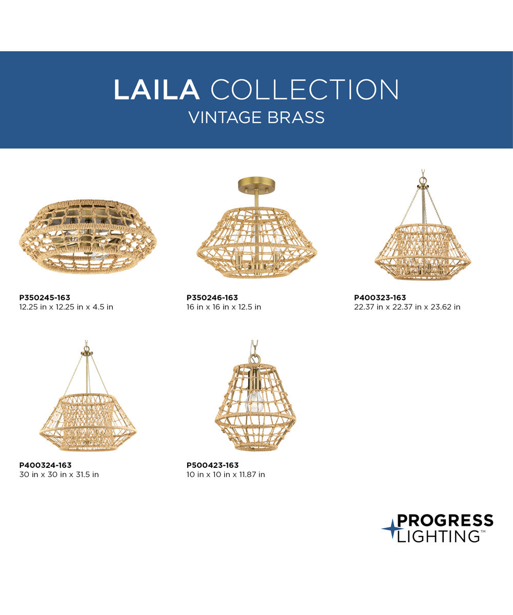 Laila 16 in. 3-Light Semi-Flush Convertible with Woven Jute Accents Vintage Brass