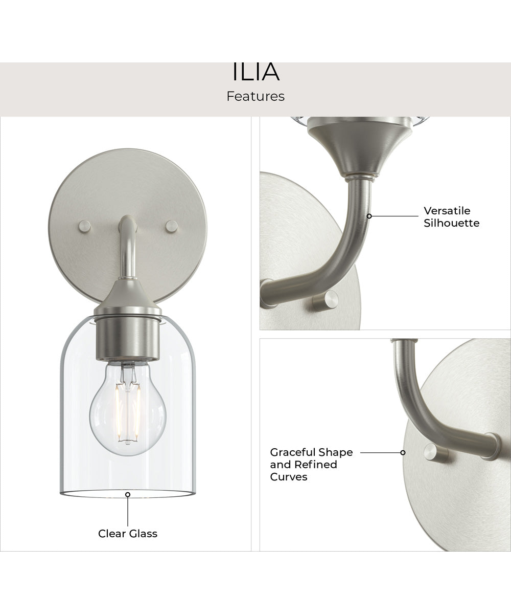 Ilia 1-Light Wall Sconce with Clear Glass Shade Brushed Nickel