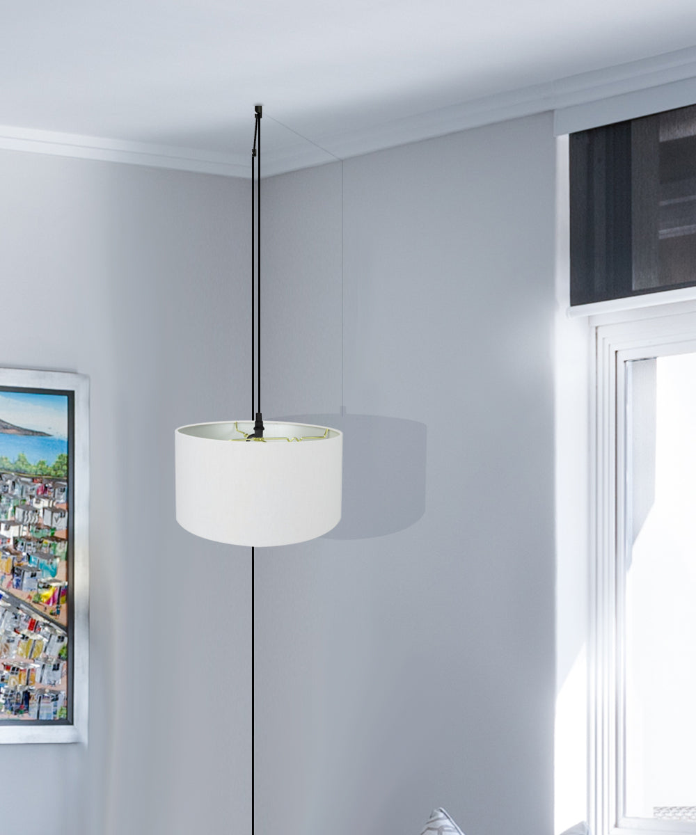 16"W 1 Light Swag Plug-In Pendant  White Linen Drum Shade Black Cord