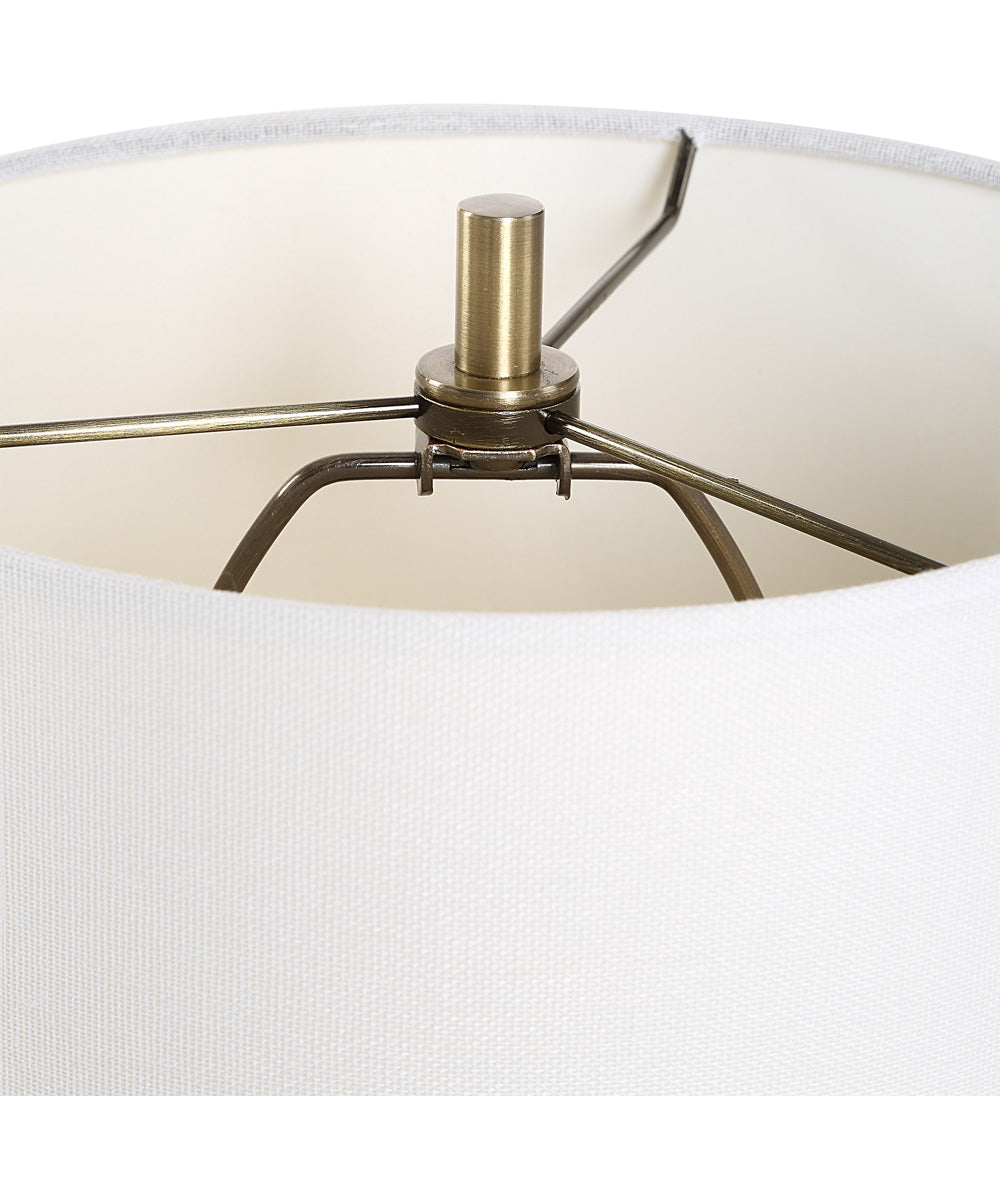 Metal Buffet Lamp in Antique Brass with White Linen