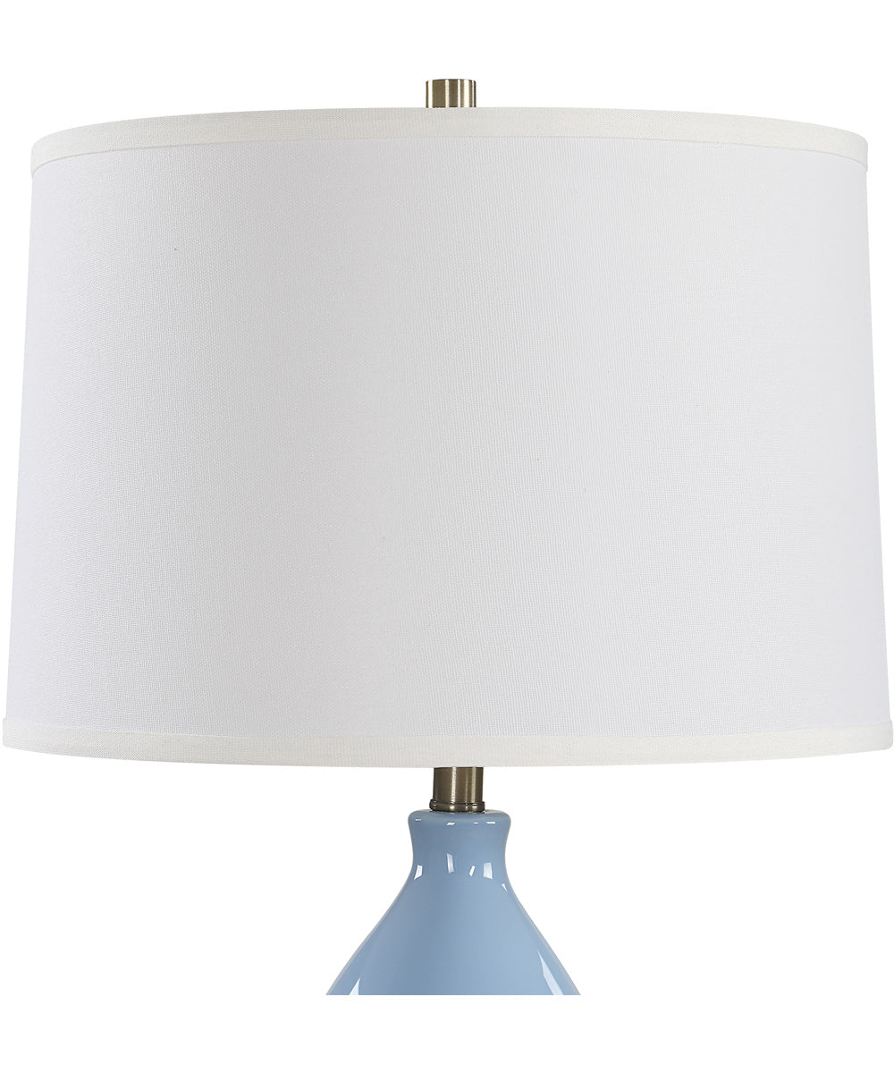 Ceramic Gourd Table Lamp in Powder Blue with White Linen