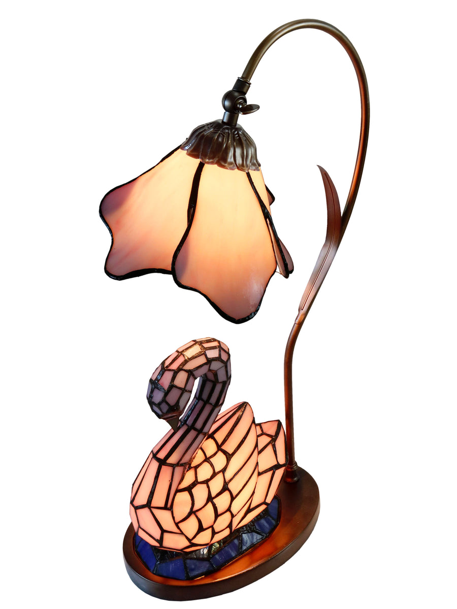 Poelking Swan 23 Inch  Tall Handmade Tiffany Accent Lamp With Lighted Base