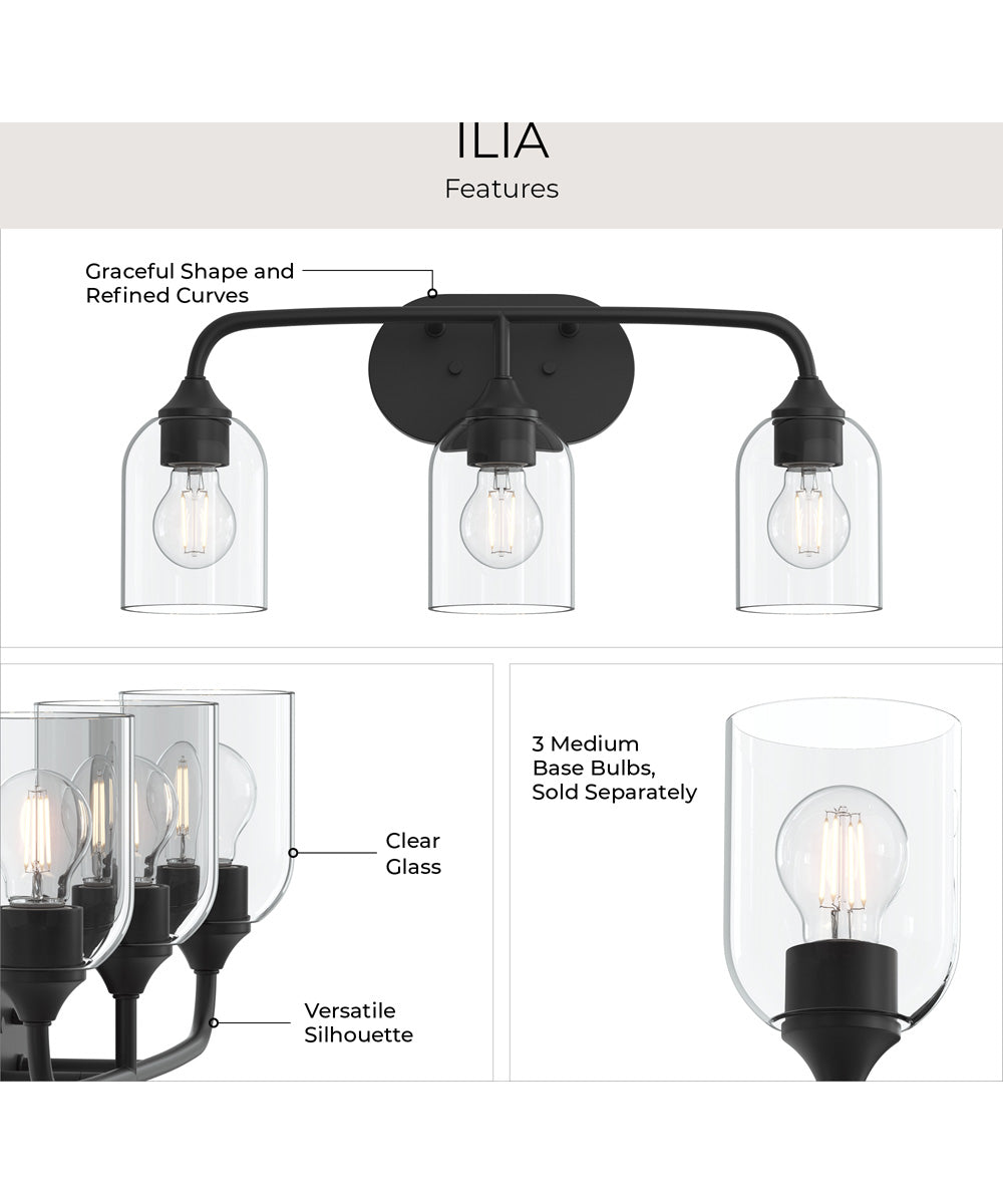 Ilia 3-Light Bath Vanity with Clear Glass Shade Matte Black