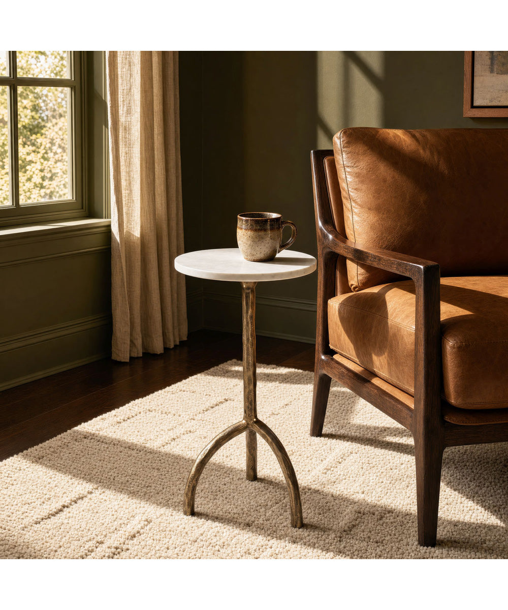 Accent Table with Tripod-Inspired Base in Antique Brass and White Marble