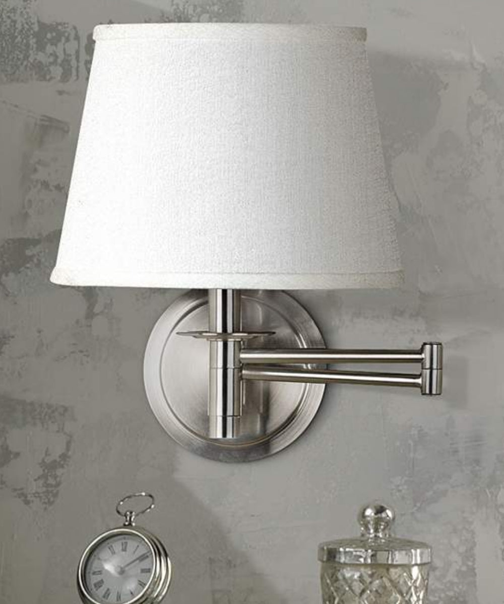 Sheppard 20"W 1-Light Plug-In Brushed Steel with White Shade Wall Swing Arm Wall Sconce by KenroyHome