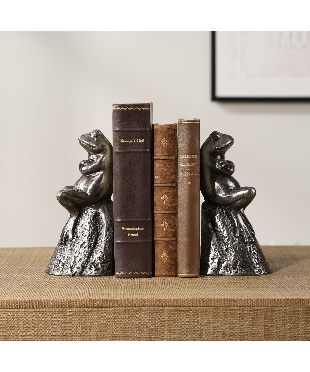 Daydreaming Frogs Aged Silver Bookends, Set of 2