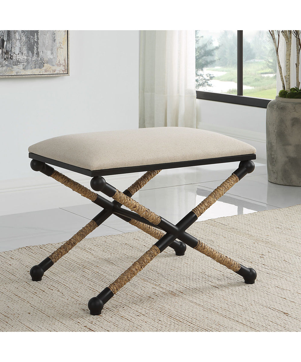 Casual Bench with Iron Frame in Satin Black and Braided Straw