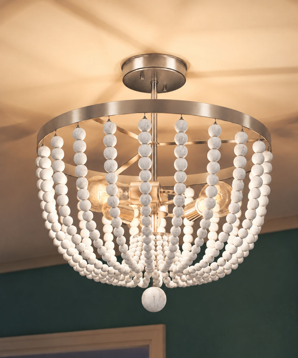 Dumas 16"W 3-Light Brushed Steel Finish Weathered White Wood Bead Semi Flush by KenroyHome