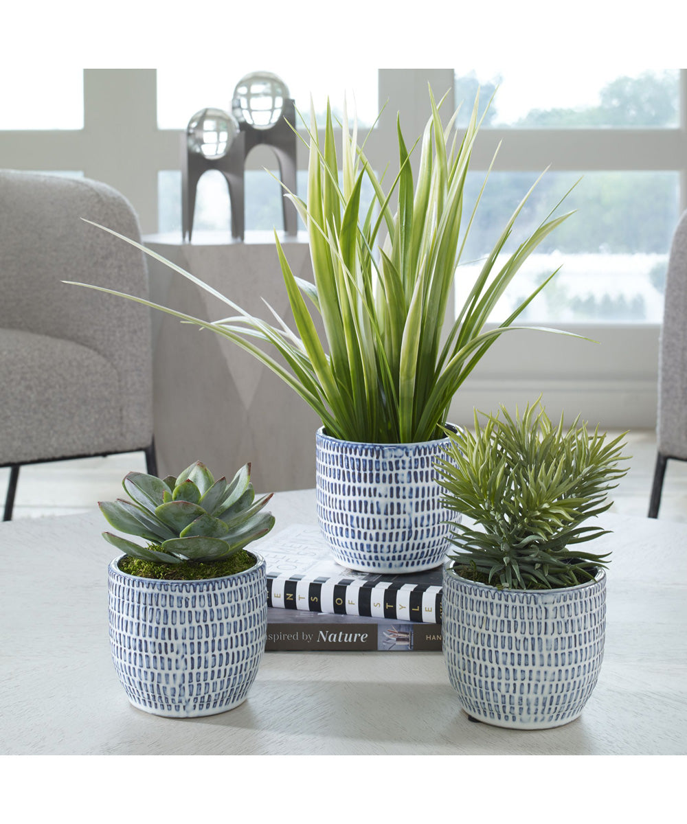 Puebla Greenery In Blue & White Pots, Set of 3