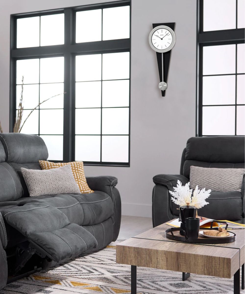 Wall Clock Silver-Tone On Black Solid Wood Base