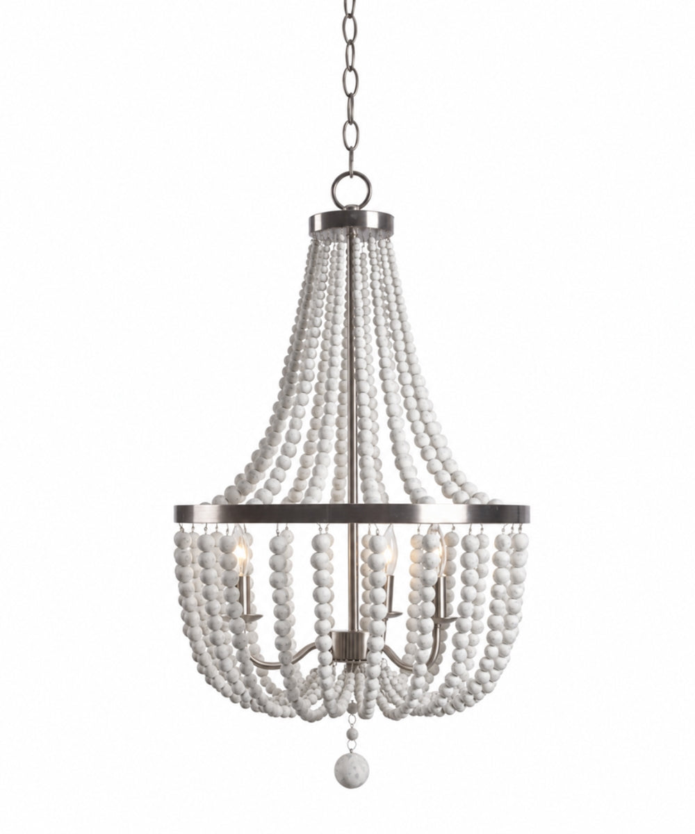 Dumas 16"W 3-Light Brushed Steel Finish Weathered White Wood Bead Chandelier by KenroyHome