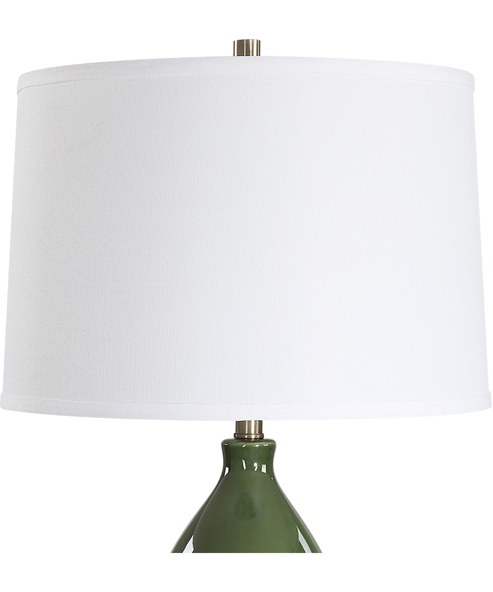 Ceramic Gourd Table Lamp with Dark Green Glaze with White Linen