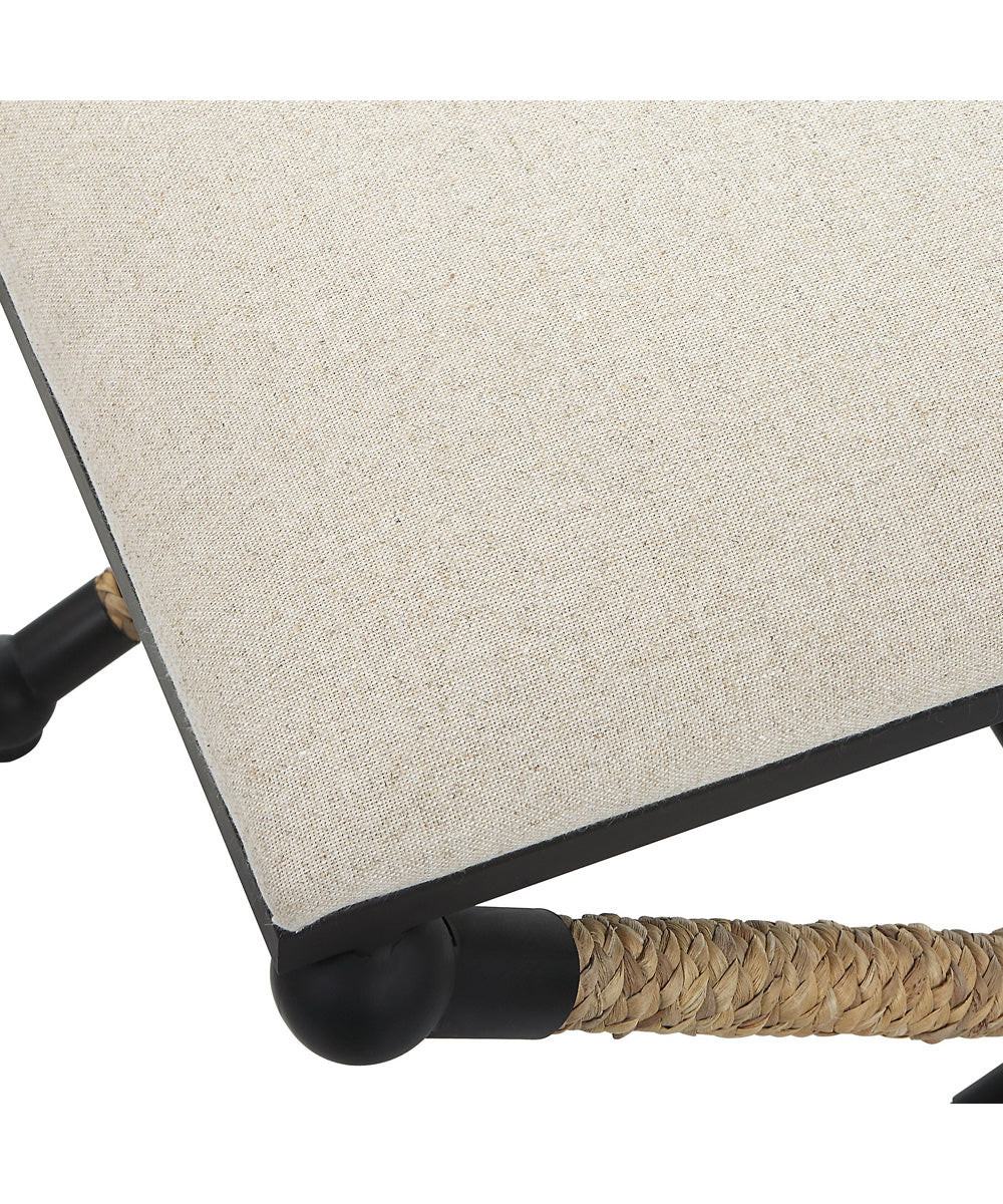 Casual Bench with Iron Frame in Satin Black and Braided Straw