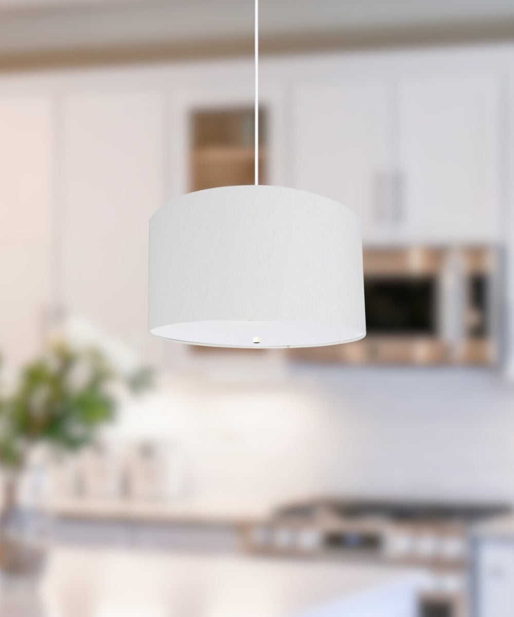 16" W 2 Light Pendant White Linen Drum Shade with Diffuser, White Cord
