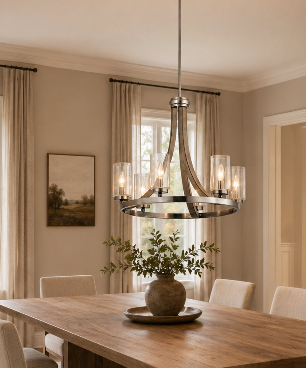 25"w Grand Bank Wood 6-Light Chandelier Light Distressed Antique Gray Finish, Clear Seeded Glass Shade