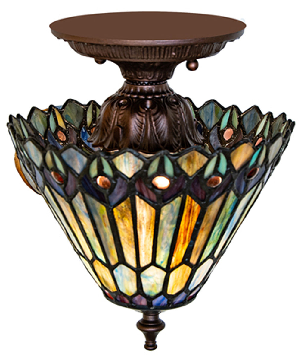 8" Wide Tiffany Jeweled Peacock Flush Mount