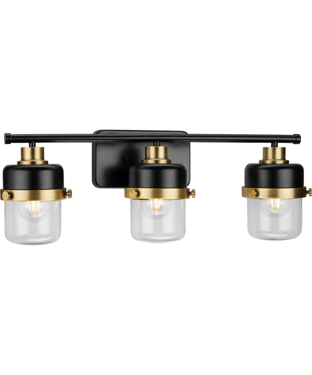 Beckner 3-Light Clear Glass Urban Industrial Bath Light with Vintage Brass Accents Matte Black