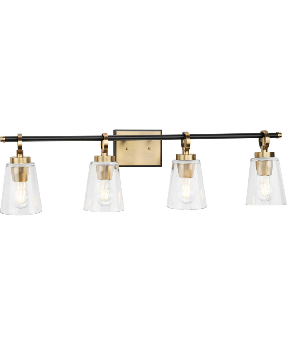 Cassell 4-Light Matte Black Luxe Industrial Bath & Vanity Light Vintage Brass