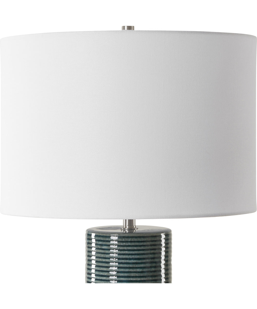 Ceramic Table Lamp in Ribbed Teal and White Linen