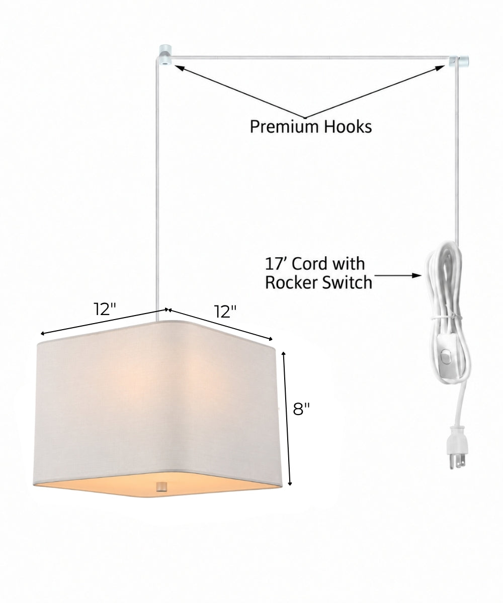 2 Light Swag Plug-In Pendant 12"w Rounded Corner Square White Shade with Diffuser, White Cord