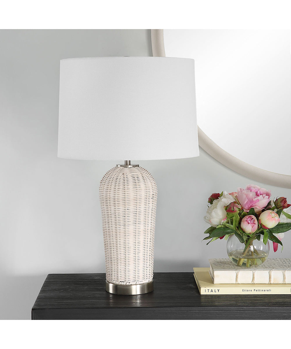 Coastal Woven Rattan Table Lamp with White Linen